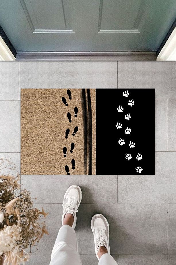 Modern Dijital Baskı - Insan Ayak Ve Kedi Pati Izi - Dekoratif Kapı Önü Paspası - 1