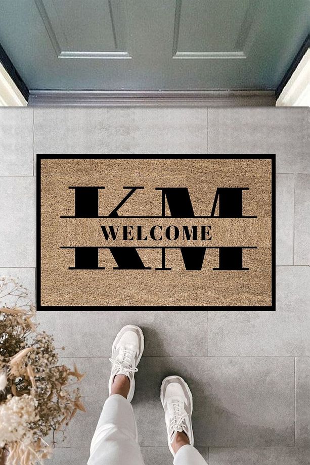 Modern Dijital Baskı Paspas - Welcome Baş Harfli Tasarım - Kişisel Tasarım Kapı Önü Paspas - 1
