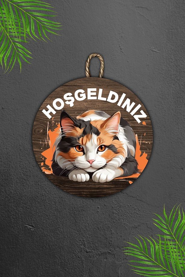 Modern Ahşap Kapı Süsü - Hoşgeldiniz Kedi Karşılamalı Duvar Süsü - Dış Mekan Kapi Susu - 6