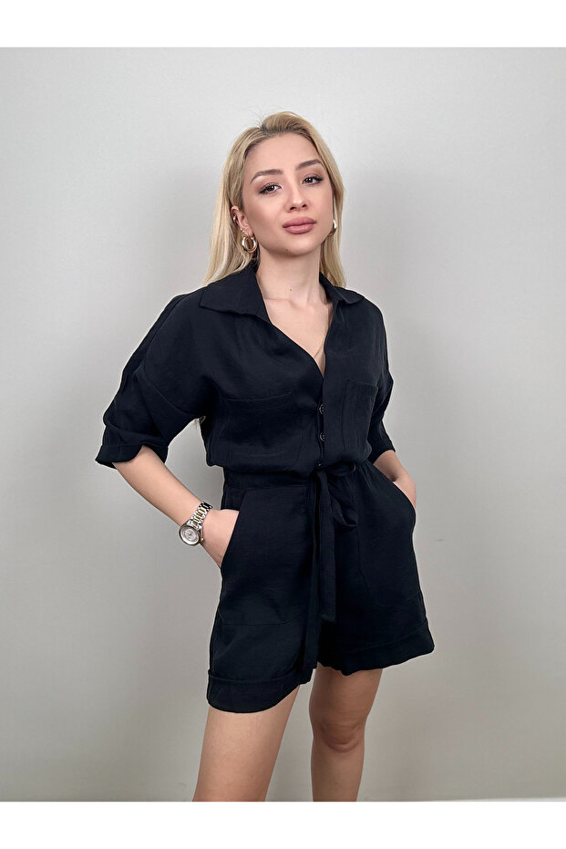 MODAL KUMAŞ BELİ KUŞAKLI ŞORT TULUM - 3