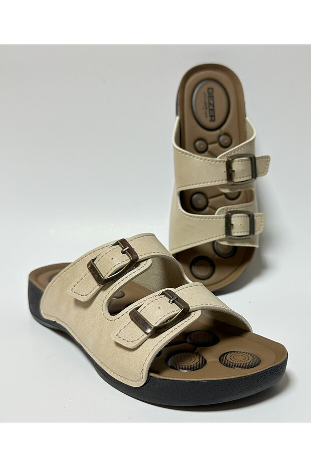 Beige Anatomical Sole Adjustable Double Buckle Women's Home Guest and Street Slippers