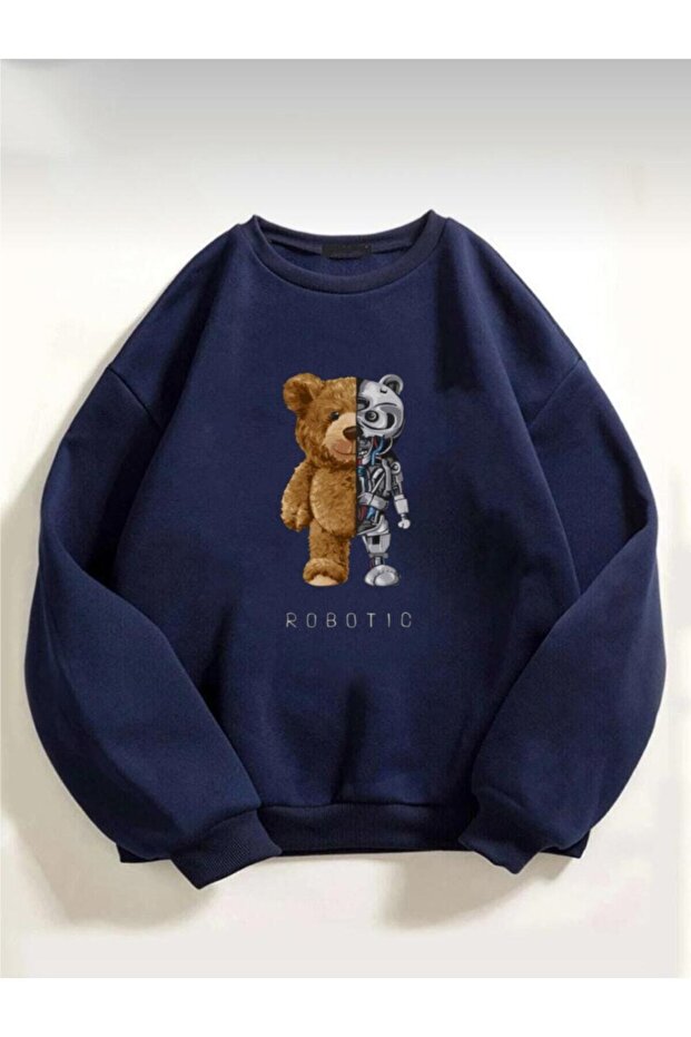 Women's Oversize Robotic Teddy Bear Printed Sweatshirt
