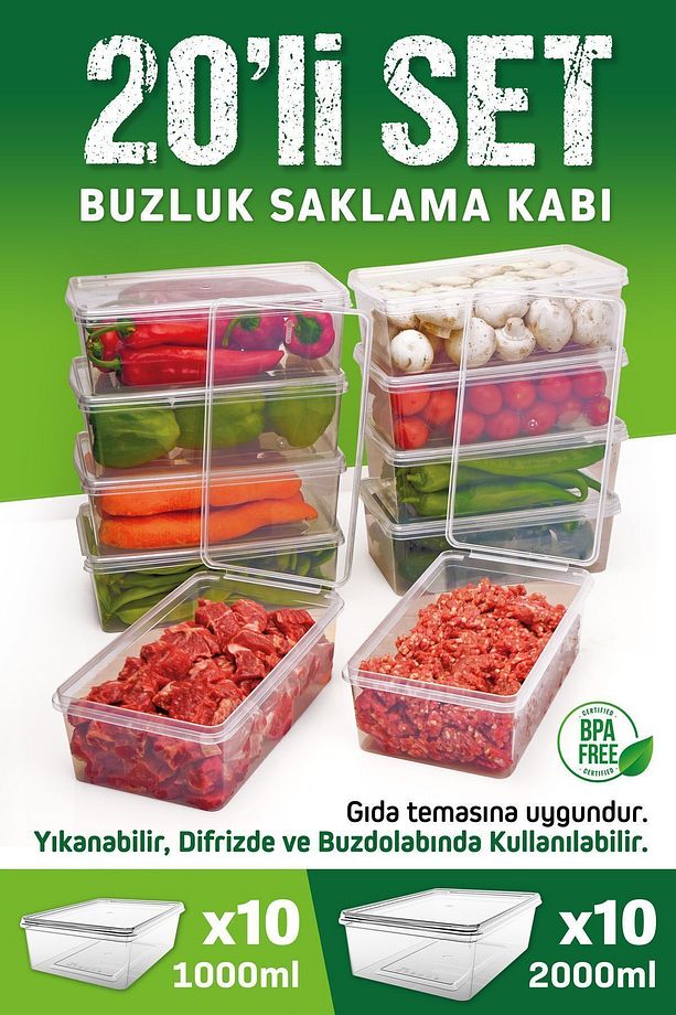 20 Li Set Kendinden Kapaklı Difriz Buzluk Saklama Kabı Düzenleyici 1 Lt. Ve 2 Lt. - 2