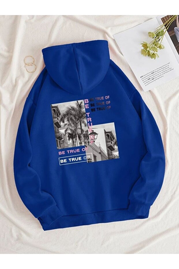 Unisex Be True Of Printed Fleece Hooded Oversize Sweatshirt