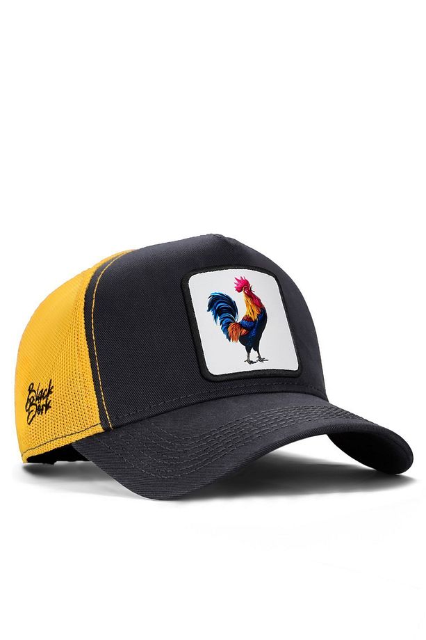 V1 Horoz Logolu Koyu Antrasit - Sarı Trucker Şapka - 1