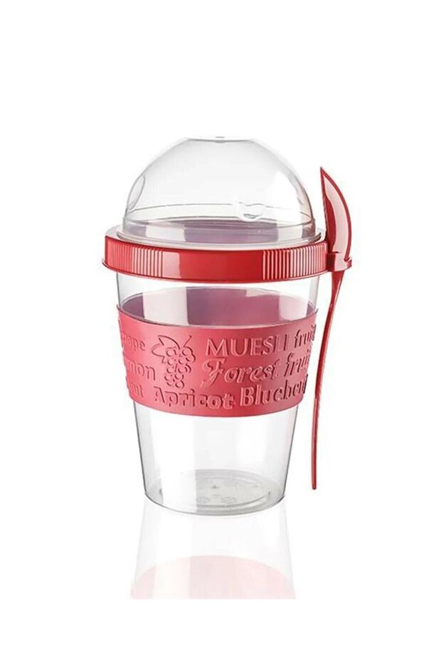 Red Yogurt Container with Spoon and Fruit Compartment - 1