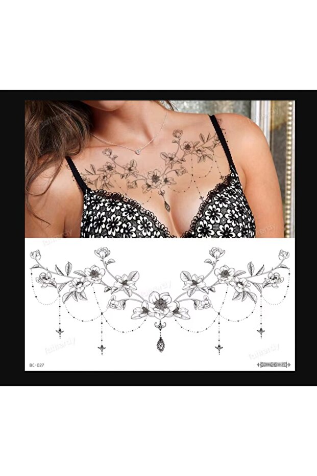 Tatto Su Geçirmez Geçici Dövme Zincir Çiçeklerde Bel Göğüs Model 24 cm* 13,8 cm - 1