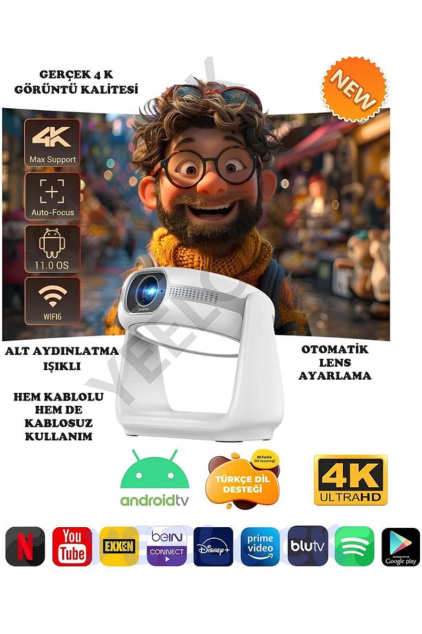 Taşınabilir Sinema Projektörü 4K Şarjlı Bluetooth Android Akıllı Hoparlörlü IŞIKLI GERÇEK 4K - 1