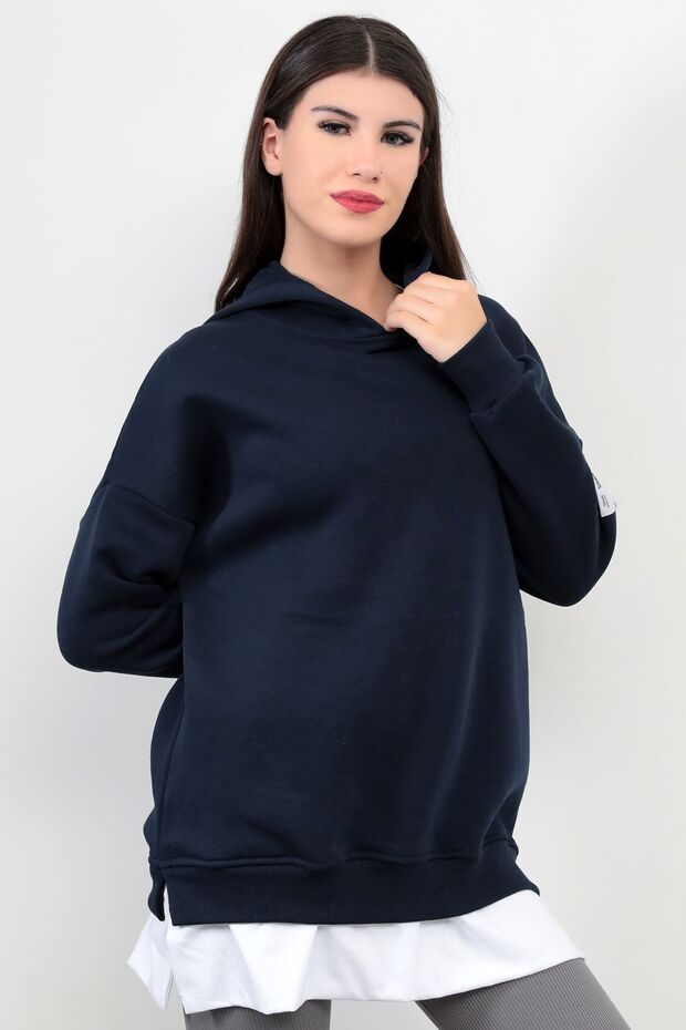 Navy Blue Women's Oversize Hooded Sweatshirt with Skirt and T-Shirt Layer Detail Ribbed Hoodie - 2520