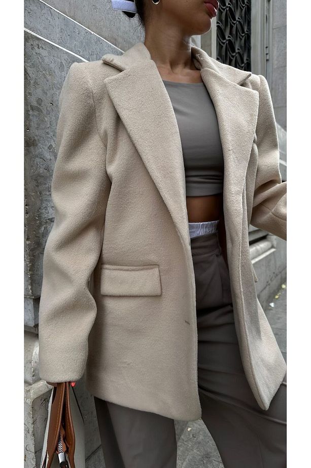 pinterest muadil kaşe kumaş yumuşak doku tek düğmeli astarlı oversize bol kesim kaban blazer ceket - 3