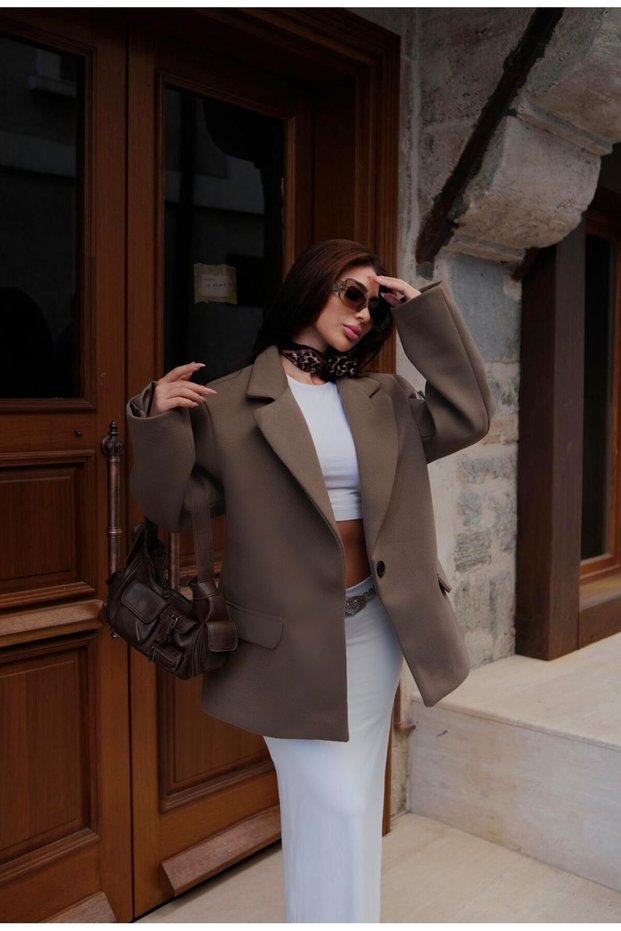 Stitched Lining Single Button Oversized Loose Fit Medium Length Pinterest Equivalent Coat Blazer Jacket