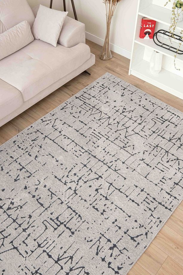 Moreno Viskon Dokuma Halı Kaymaz Taban Yıkanabilir Gri Siyah Salon Halısı 1360 - 4