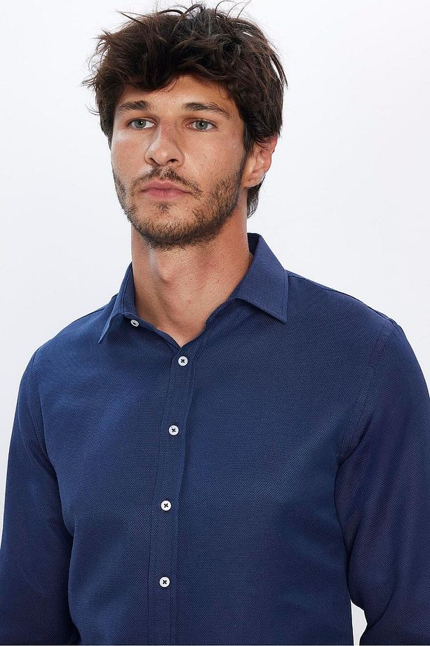 Modern Slim Fit Uzun Kollu Pamuklu Kolay Ütü Armürlü Erkek Lacivert Gömlek - 2