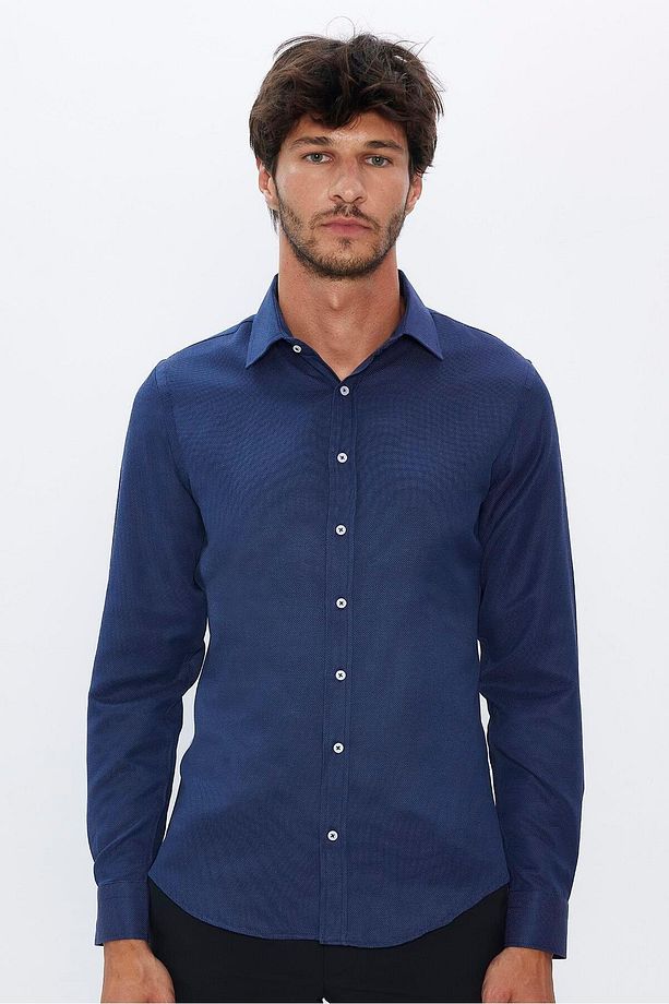 Modern Slim Fit Uzun Kollu Pamuklu Kolay Ütü Armürlü Erkek Lacivert Gömlek - 4
