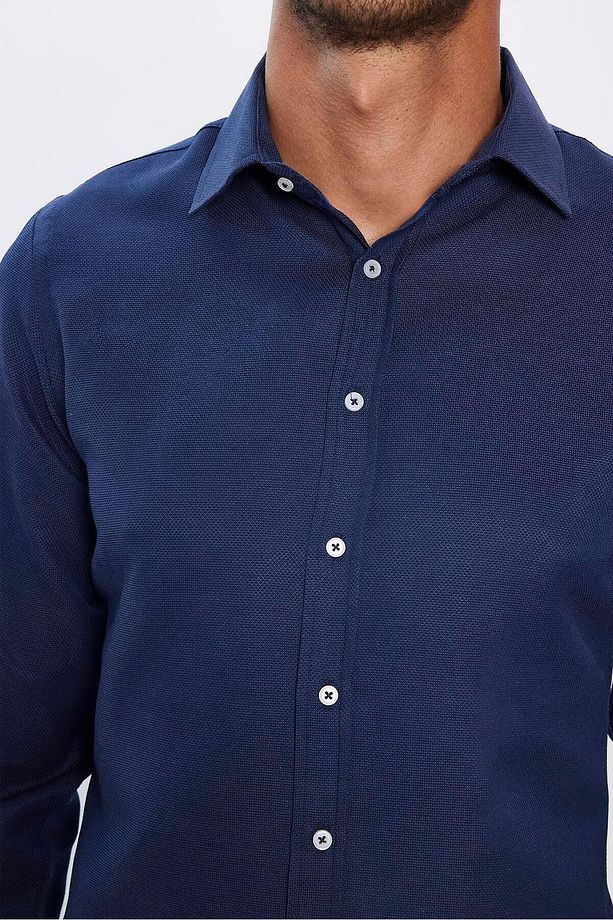 Modern Slim Fit Uzun Kollu Pamuklu Kolay Ütü Armürlü Erkek Lacivert Gömlek - 3