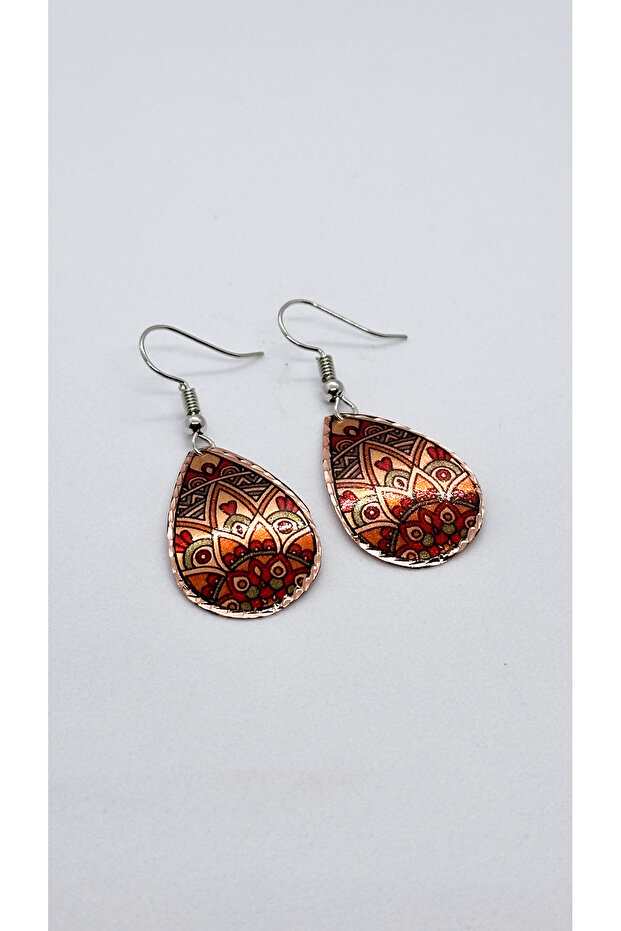 Ethnic Patterned Drop Copper Earrings - Handmade