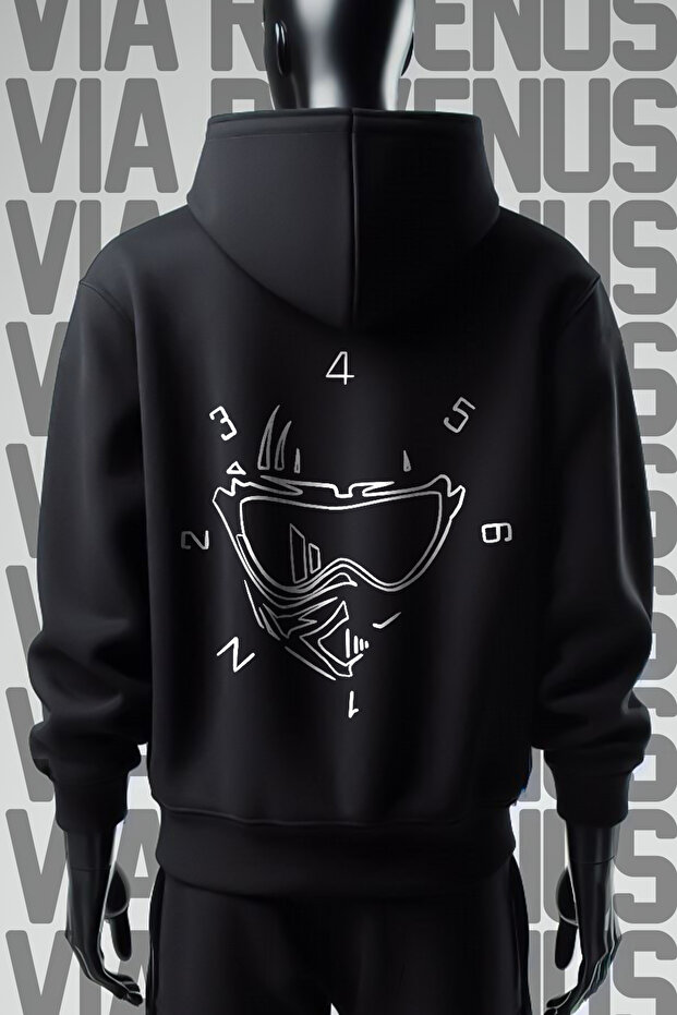 Motorcycle Rider Helmet Gear Shift Front and Back Printed 3 Thread Wide Fit Black Hooded Sweatshirt