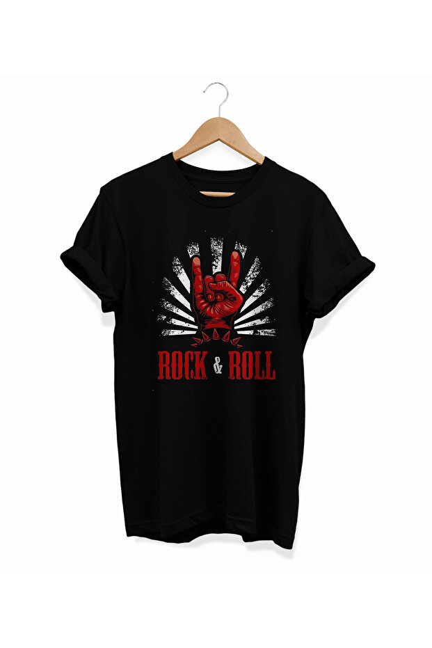 تي شيرت Rock'n Roll مطبوع كبير الحجم برقبة دائرية 100% قطن - مقاس كبير