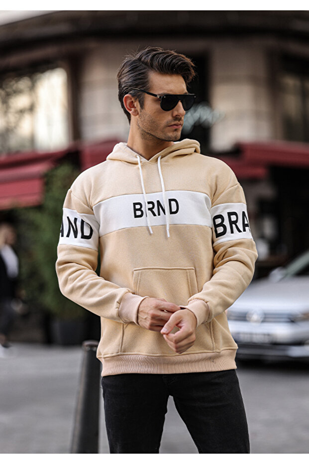 Bej Erkek Kapüşonlu Baskılı Basic Sweatshirt - 4