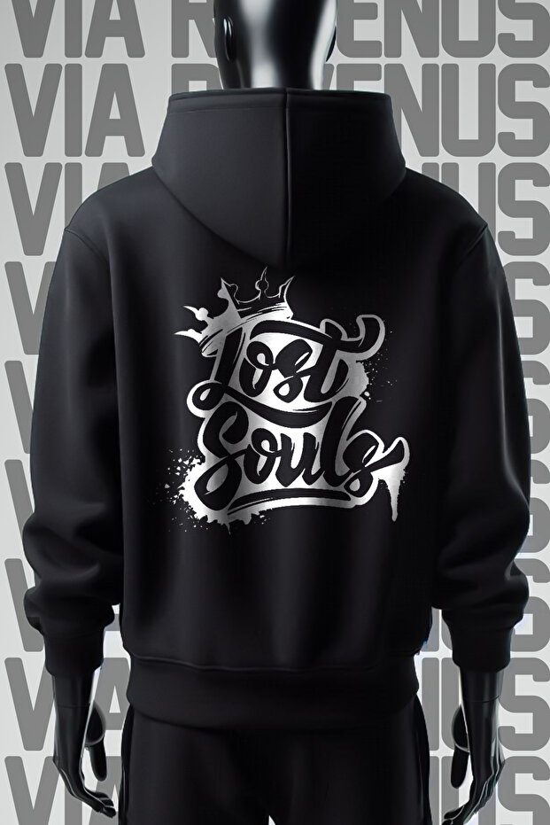 Lost Souls Front and Back Printed 3 Thread Wide Fit Black Hooded Sweatshirt