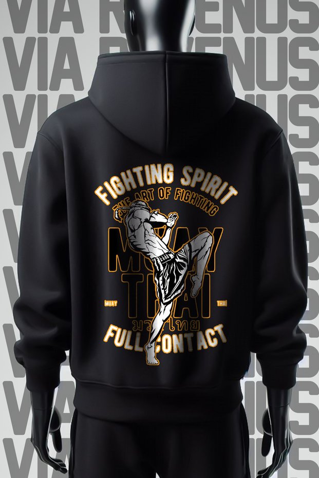 Muay Thai Front and Back Printed 3 Thread Wide Fit Black Hooded Sweatshirt