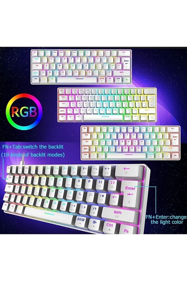 Trol Red Switch Mini Rgb Oyun Klavyesi Gaming Mekanik 62 Tuşlu 18 Rgb Led Usb Tip-c Kablosu Beyaz - 5