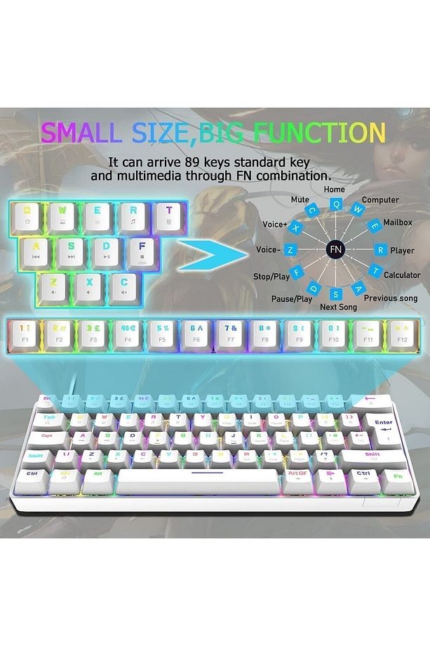 Trol Red Switch Mini Rgb Oyun Klavyesi Gaming Mekanik 62 Tuşlu 18 Rgb Led Usb Tip-c Kablosu Beyaz - 4