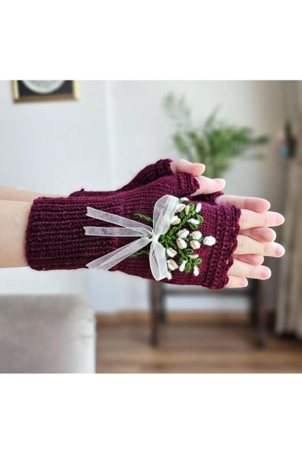 Floral Embroidered Fingerless Women's Gloves - Hand Knitted and Crocheted