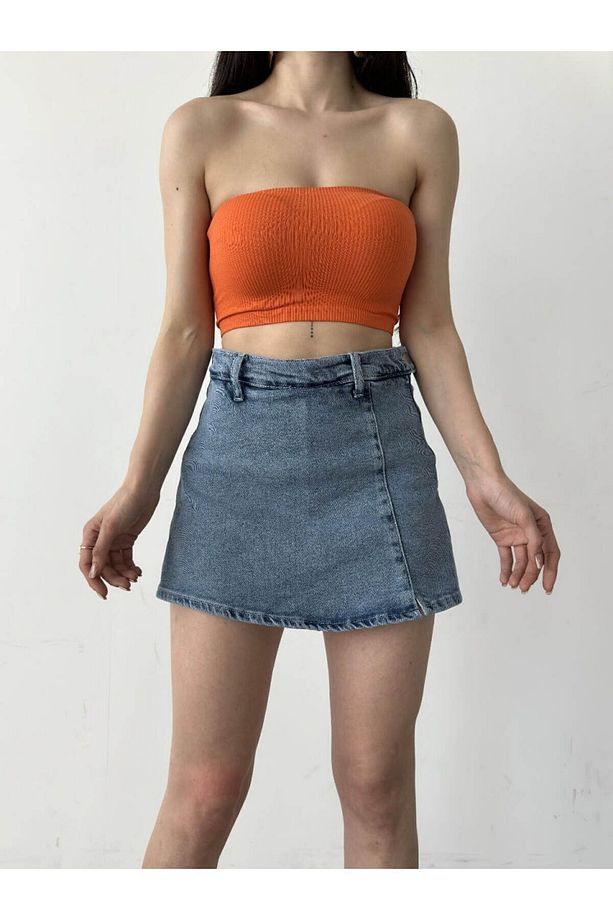 Mini Yırtmaçlı Denim Kot Şort Etek - 7