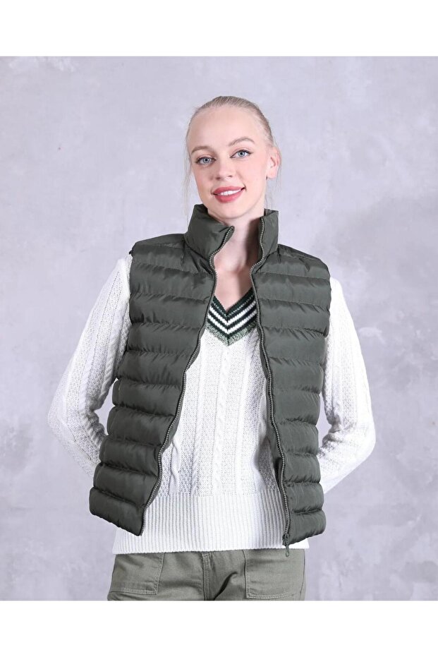 Kadın Kısa Şişme Yelek Haki - 3