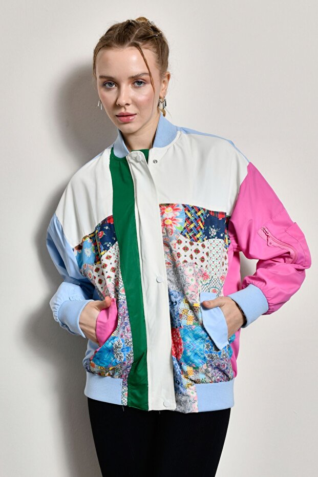 Kadın Dijital Baskılı Astarlı Bomber Ceket - 8