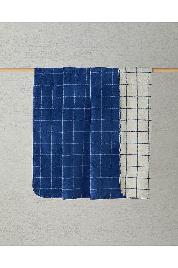 Plain Check Pamuklu Çift Kişilik Battaniye Lacivert - Krem 200x220 - 1