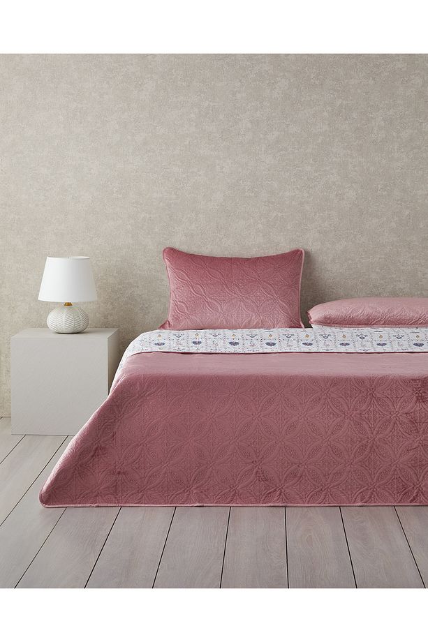 Ornate Fancy Kadife King Size Yatak Örtüsü Takımı Gül Kurusu - 1