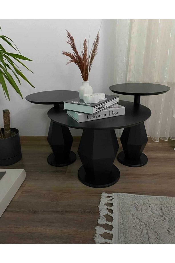Üçlü Mantar Prizma 2 Adet Zigon 1 Adet Orta Sehpa Seti Mdf Siyah Gd-mp0301 - 1