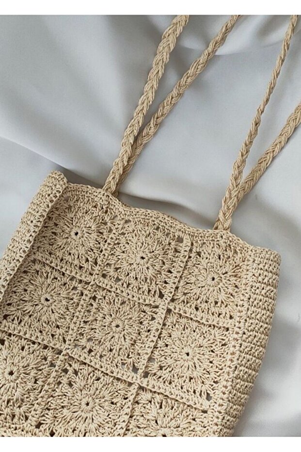 Fairy Tote Straw Cream Knitted Shoulder Bag Large Size 30X30Cm Lined Handmade