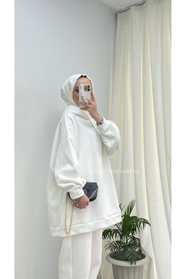 Extra Oversize Basic 3 Iplik Pamuklu Şardonlu Kadın Sweatshirt 1003 - 1