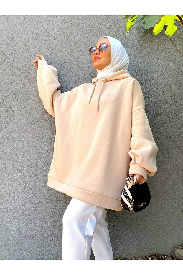 Extra Oversize Bej Basic 3 Iplik Pamuklu Şardonlu Kadın Sweatshirt 1003 - 1