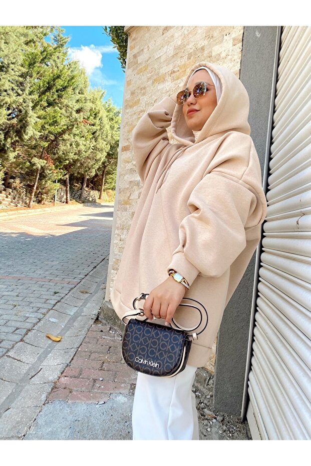 Extra Oversize Bej Basic 3 Iplik Pamuklu Şardonlu Kadın Sweatshirt 1003 - 3