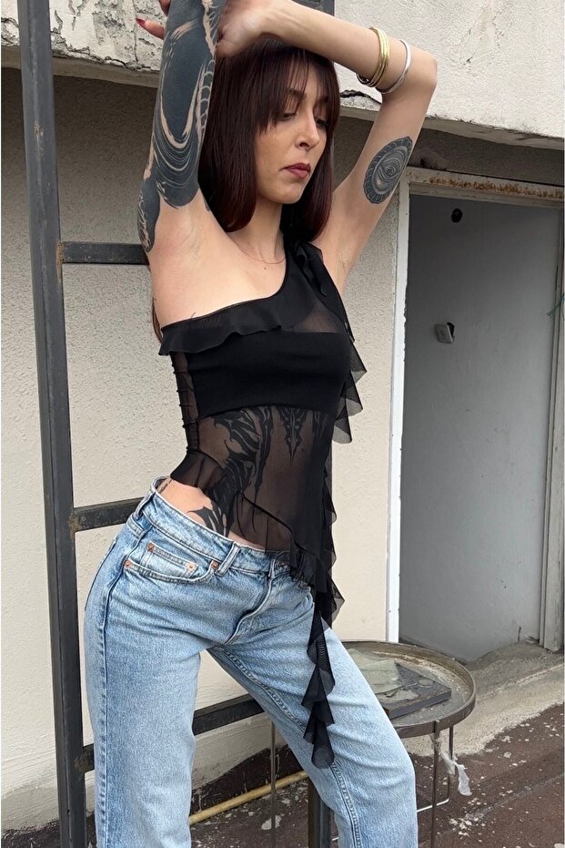 Black Ruffle Tulle Blouse - 2