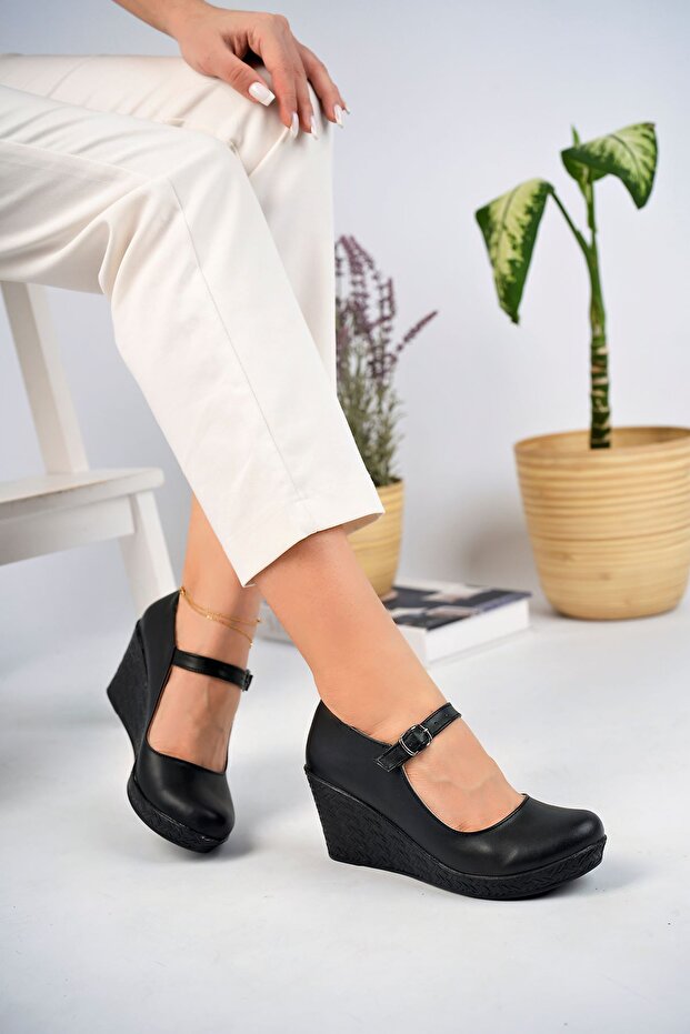 Wedge Sole Black Leather Shoes with Ankle Buckle