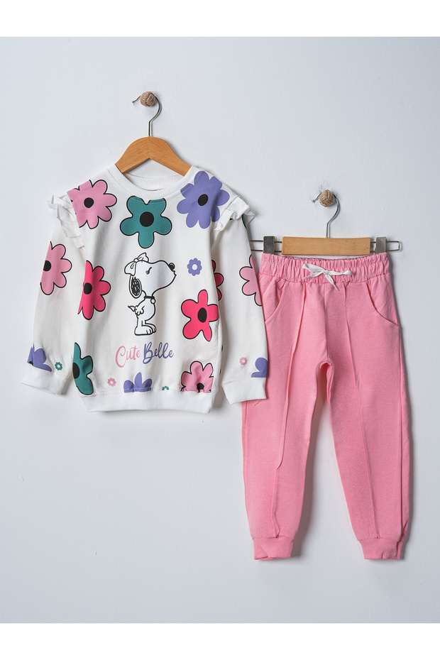 Girls' Cute Belle Floral Printed Long Sleeve Tracksuit Sweatshirt Set