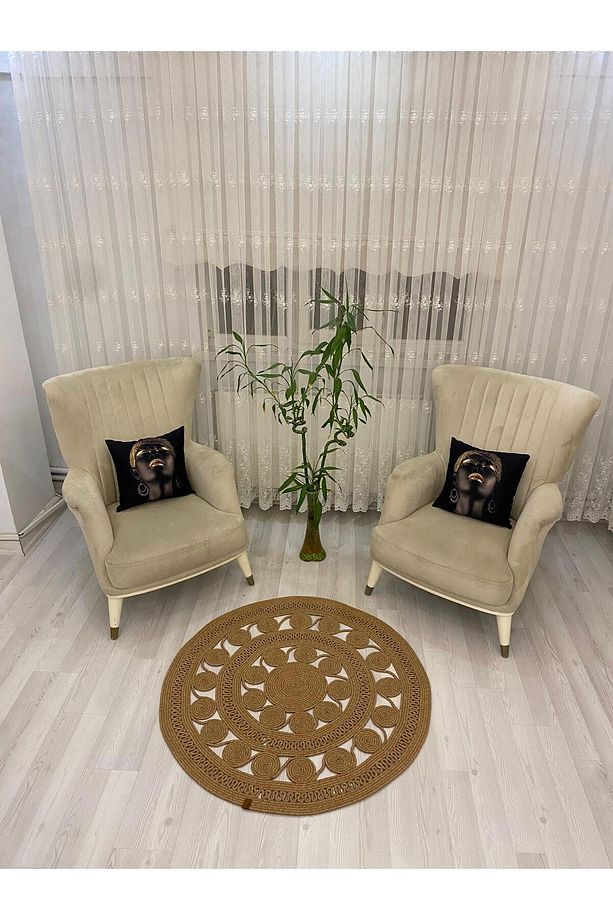 jüt Hasır görünümlü Desenli Modern El Örgüsü daire Halı Kilim - 4