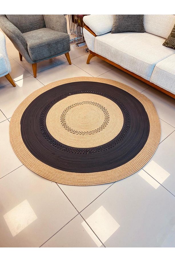 jüt Hasır görünümlü Desenli Modern El Örgüsü daire Halı Kilim - 6