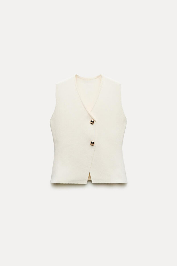 Women's Ecru Gold Button Plain Knit Top Vest