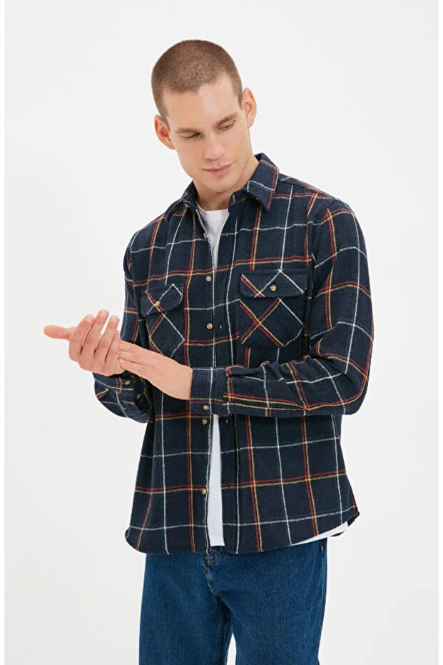 Lacivert Regular Fit Uzun Kollu Çift Cepli Oduncu Kareli Kışlık Ceket Gömlek TMNAW20GO0485 - 5