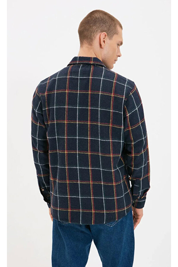 Lacivert Regular Fit Uzun Kollu Çift Cepli Oduncu Kareli Kışlık Ceket Gömlek TMNAW20GO0485 - 8