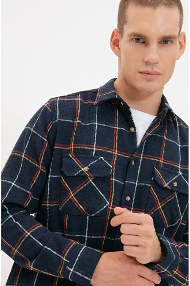 Lacivert Regular Fit Uzun Kollu Çift Cepli Oduncu Kareli Kışlık Ceket Gömlek TMNAW20GO0485 - 9