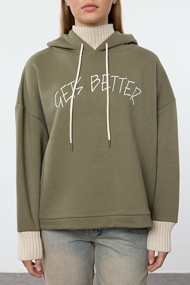 Haki Kalın İçi Polarlı Triko Bant Detaylı Kapüşonlu Örme Sweatshirt TWOAW22SW1806 - 4