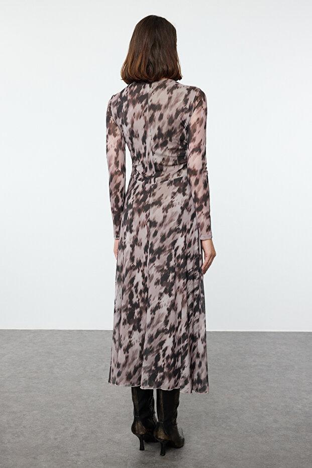Kahverengi Baskılı Büzgü / Drape Maxi Örme Elbise TWOAW25EL00408 - 5
