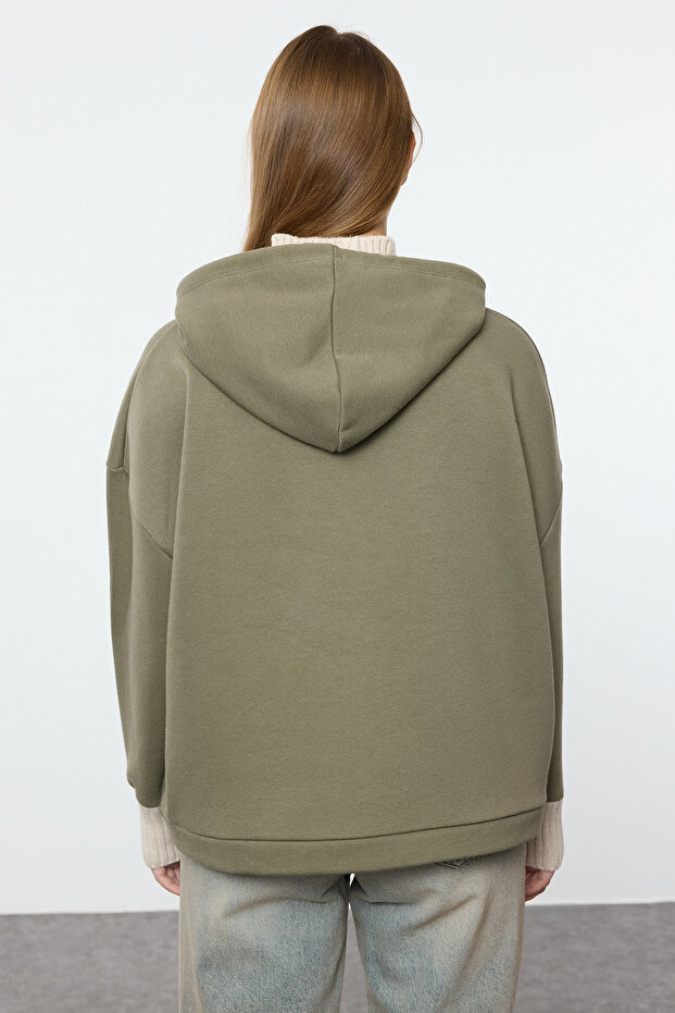 Haki Kalın İçi Polarlı Triko Bant Detaylı Kapüşonlu Örme Sweatshirt TWOAW22SW1806 - 5